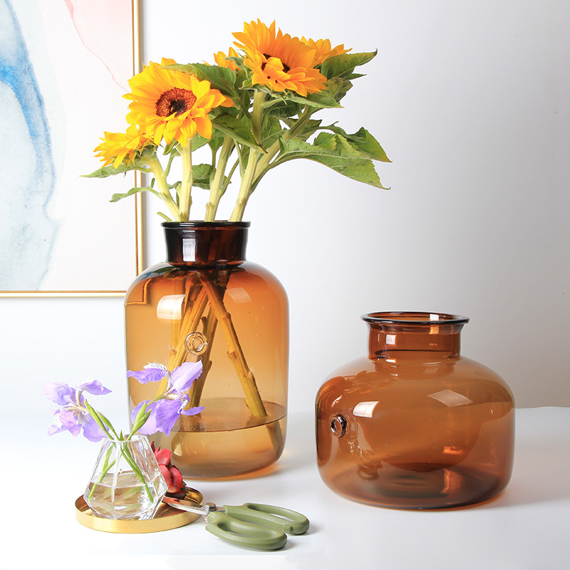 FV-04/American-style idyllic mahogany wide-mouth hydroponic glass vase, oversized retro home decoration, flower ornaments